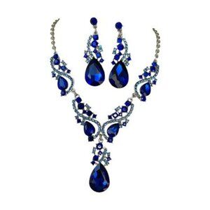 Blue Necklace Earrings Set Crystal Rhinestone Wedding Bridal Prom Jewelry Set